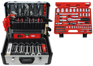 FAMEX 429-18 Profi Werkzeugkoffer gefüllt mit Werkzeug und Steckschlüsselsatz