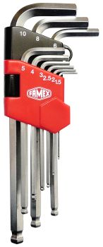 FAMEX 10784 Winkelschraubendreher Sechskant für Inbus-Schrauben, lang, mit Kugelkopf, 1,5 - 10mm,  9-teilig
