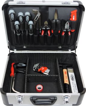 FAMEX 702-L Alu Werkzeugkoffer (leer) mit Werkzeugpalette im Deckel, variable Facheinteilung im Kofferboden, Lieferung ohne Werkzeug!