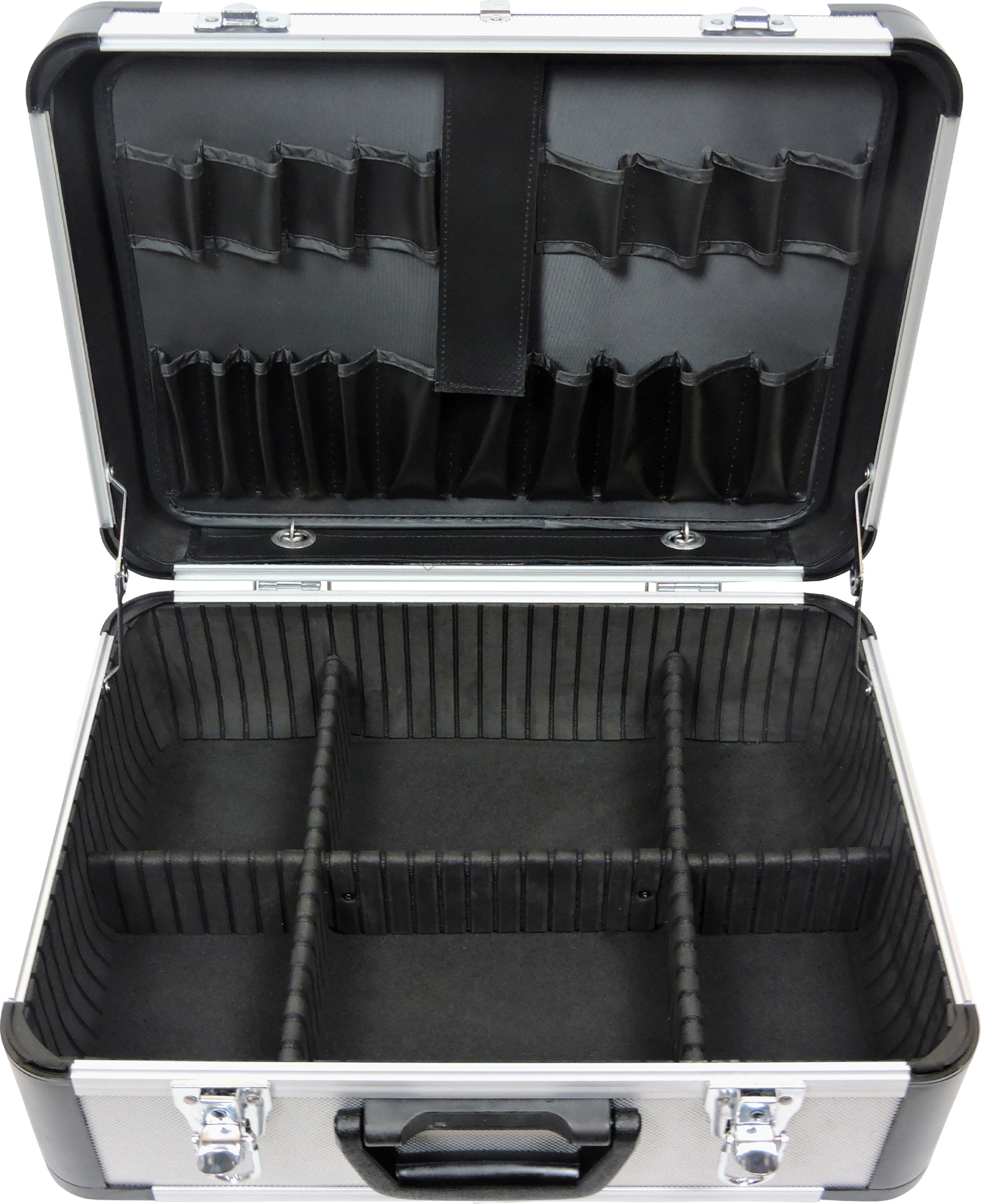 Werkzeuge günstig online kaufen - FAMEX 700-L Alu Werkzeugkoffer mit 2  Paletten mit 56 Einstecktaschen, Facheinteilung im Kofferboden