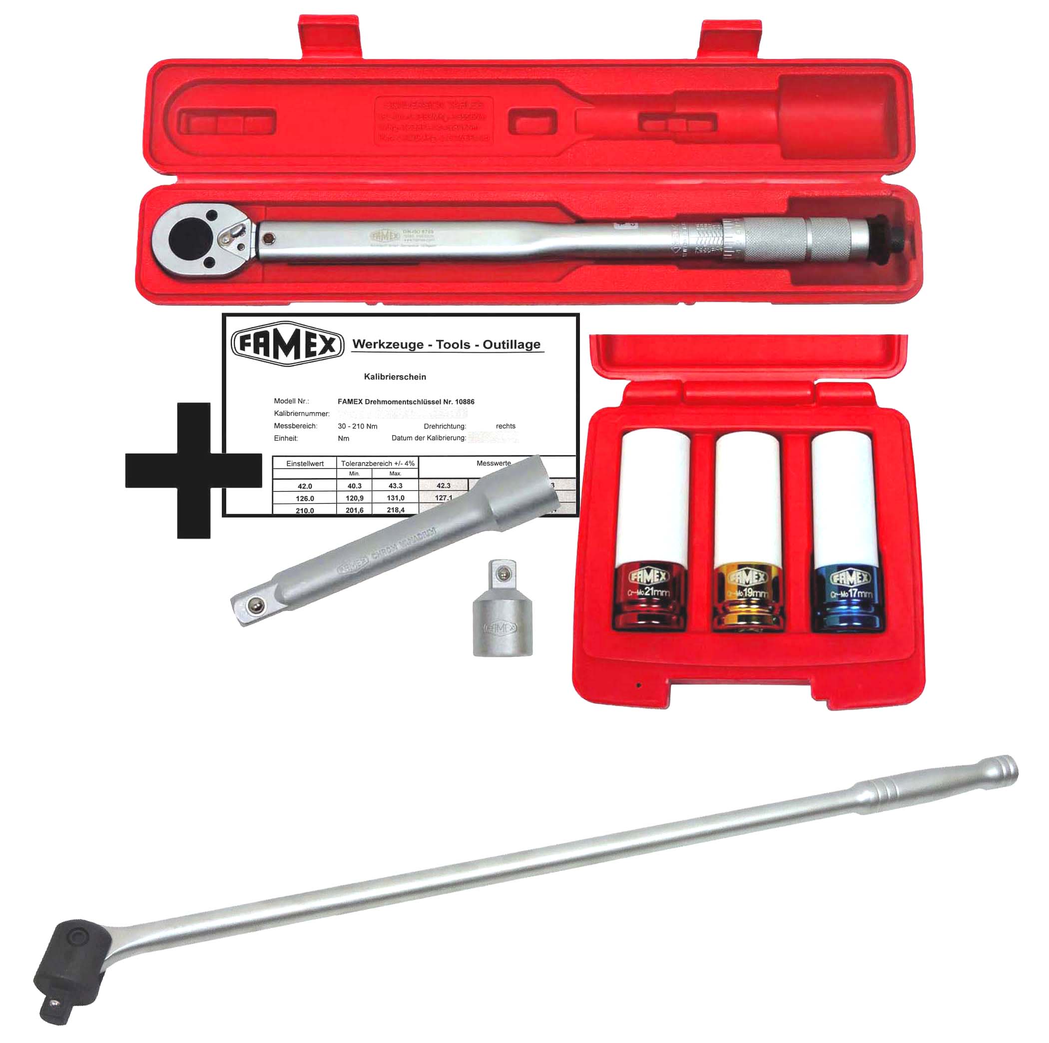 Werkzeuge günstig online kaufen - FAMEX 10905 Drehmomentschlüssel Set 1/2  Zoll (12,5mm) - 30-210 Nm – Sparset mit Schoneinsätze und Drehgriff – mit  Kalibrierschein