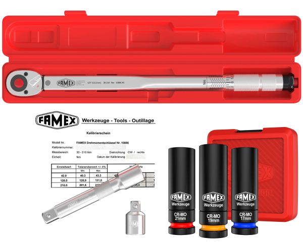 FAMEX 10886-3N Torque Wrench with Wheel Lug Nut Sockets, 30-210 Nm, Set 3-pcs.